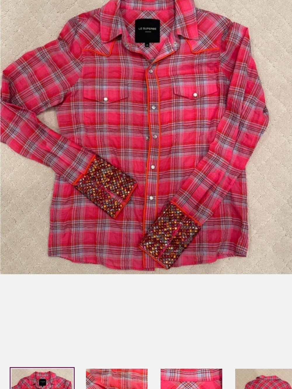 Le Superbe Pink Plaid Button-Down Blouse with Embellished Cuffs